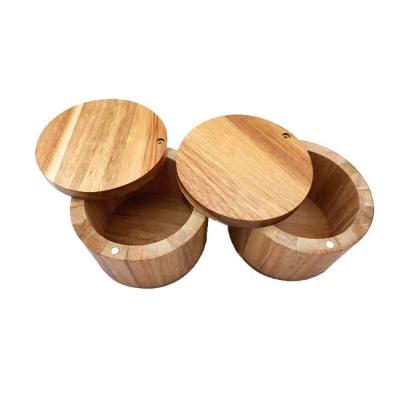 China Handmade Wooden Storage Box The Log Spice Box With Swivel Cover Acacia Wooden Kitchen Salt Box for sale