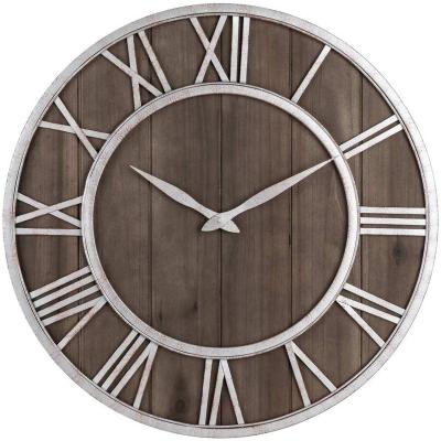 China Farmhouse Radio Metal and Solid Wood Silent Wall Clock (Rustic Dark Brown Wood Metal Iron Silver Frame with 18 Inches Rusty Orange Red for sale