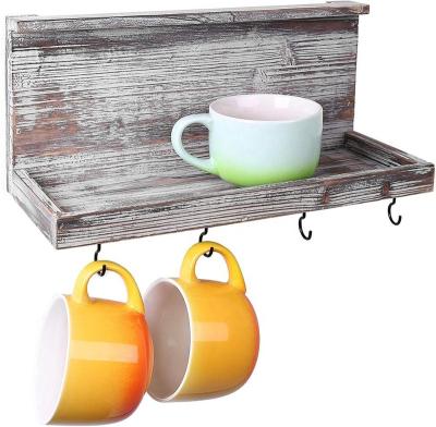 China Sustainable 15-Inch Torched Wooden Wall Mounted Floating Shelf With 4 Hooks for sale