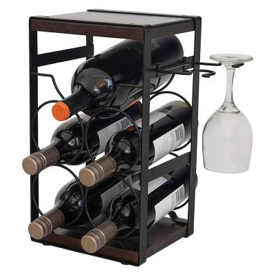 China Sustainable Rustic Wood And Metal Countertop Wine Rack Holder 5 Bottles With Wine Glass Holder/No Assembly for sale