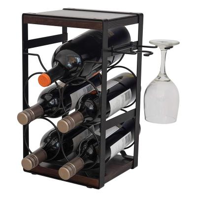 China Sustainable Rustic Wooden Countertop Wine Rack 5 Bottles With Wine Glass Holder/No Assembly for sale