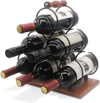 China Sustainable Rustic Wood And Metal Countertop Wine Rack Holder 5 Bottles With Wine Glass Holder/No Assembly for sale