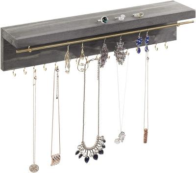 China FirWood Modern Gray Wood and Brass Metal Wall Mounted Jewelry Display Rack with Hanging Bar, Hooks and Shelf Decor for sale