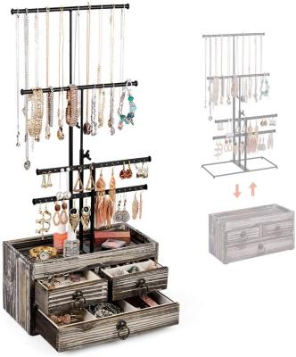 China FirWood 3 Drawer and Adjustable Size Necklace Rack for Earrings Necklaces Rings and Bracelets, Rustic Wood for sale