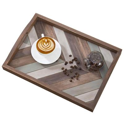 China FirWood Rustic Chevron Decorative Tray with Cutout Handles Ottoman Tray Decor for sale