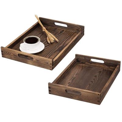 China FirWood FirWood Ottoman Tray Dark Brown Solid Wood Nesting Serving Trays with Decor 2 Cutout Handles Set for sale