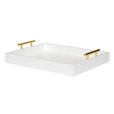 China FirWood White Decorative Soft Modern Style Ottoman Wooden Serving Tray with Polished Gold Metal Handles Decor for sale