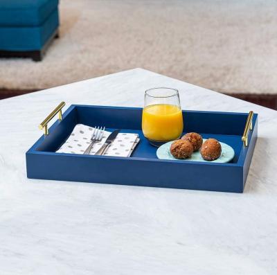 China FirWood Serving Tray With Polished Metal Handles for Ottoman Blue for sale