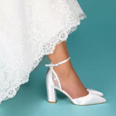 China Perfect Lightweight White Satin Block Heel Ankle Strap Court Wedding Heels For Bride Shoes for sale