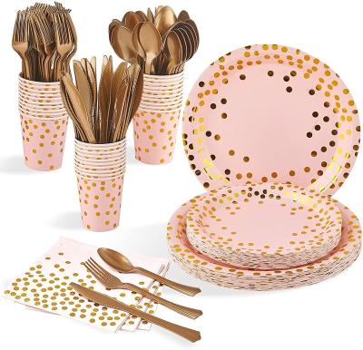 China 350pcs/210pcs Dot Disposable Party Dinnerware Sets Gold Disposable Napkins Paper Plate and Bowl Cups Forks Knives Spoons Party Suppliers for sale