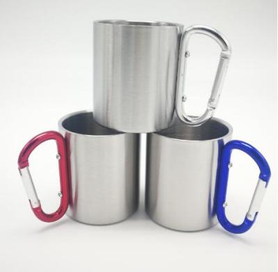 China Stocked 220ml 300ml Stainless Steel Hot Sale Cheap Custom Coffee Mug With Carabiner Handle for sale