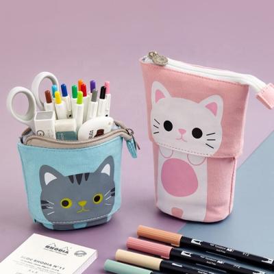 China Schools & Custom Eco-friendly Cotton Canvas School Offices Automatic Stationary Pouch Bag Desk, Cute Cat Standing Telescopic Pen Pouch Holder+ for sale