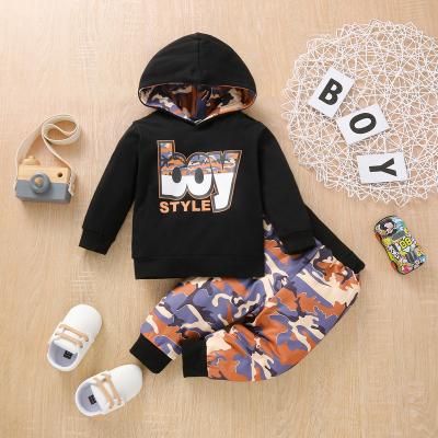 China Autumn Causal Baby Boys Casual 2pcs Clothes Sets Letter Long Sleeve Printed Hooded Tops Camouflage Pants Kids Clothes Set for sale