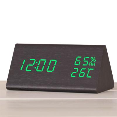 China Files New Design LED Calendar Wooden Digital Alarm Clock Sound Wireless Voice Time Temperature Control for sale