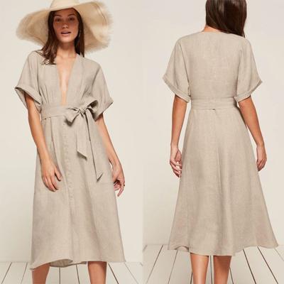 China Bohemian Clothing Women Kimono Style V neck Maxi Linen Dress for sale