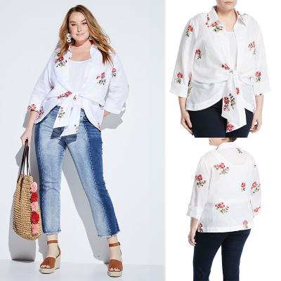 China Embroidered Tie-Front Plus Size Korean Fashion Design Linen Women Blouse Ladies for sale