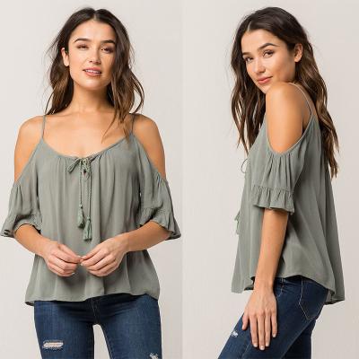 China Women Cold Shoulder V Neck Rayon Blouse for sale