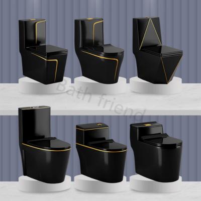 China Double-Flow Home Design Color Toilet Lavatory Bathroom Commode Black Siphonic One-Piece Toilet Bowl for sale