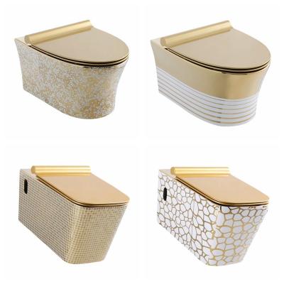 China Luxury Design Gold Toilet Cistern Wall Mount Toilet Lavatory Concealed European Round Square Electroplating Wall Hung Colorful Rimless Toilet for sale