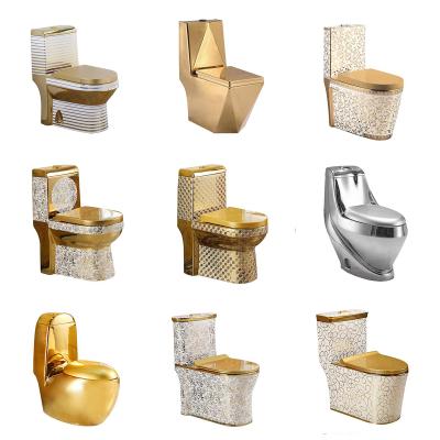 China Double-flow Chaozhou Factory Custom Plated Luxury Sanitary Ware Bathroom Decoration WC One Piece Toilet Gold for sale