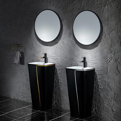 China Modern Square Freestanding Sanitary Ware Wash Hand Pedestal Sink Black &Golden Dish Bathroom Pedestal Sink for sale