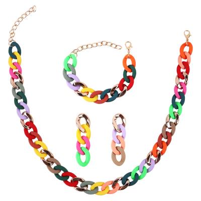 China New Hiphop Summer Candy Color Hip Hop Sweet Necklace Round Link Chain Necklace Earrings Bracelet Acrylic Jewelry Sets for sale