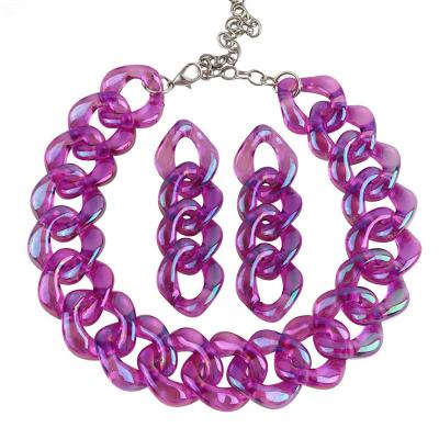 China New Style Jelly Iridescent Color Necklace Hip Hop Punk Round Shape Long Acrylic Link Chain Necklace Earrings Jewelry Sets for sale