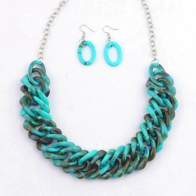 China Big Quadrilateral Bohemia Resin Vintage Jewelry Set Turquoise Color Long Cuban Link Necklace Earrings Jewelry Set Acrylic Chain Set for sale