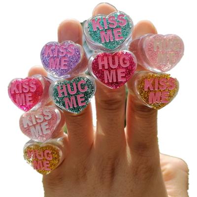 China Large Romantic Sweet Romantic Heart Acrylic Rings Lace English Letter Candy Color Glitter Stain Love Heart Resin Rings For Lovers for sale