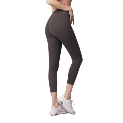 China New Breathable Naked Yoga Pants Solid Color Fitness Leggings Pants Slims High-waisted Hip Lifting Tight Custom Seven Point Yoga Pants for sale