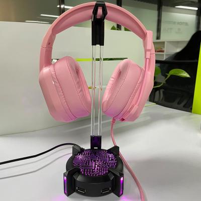 China Expand Custom USB RGB Port Earphone Stand Holder with 4 USB Port for Charging Desktop USB HUB Gaming Earphone Mobile Display Stand for sale