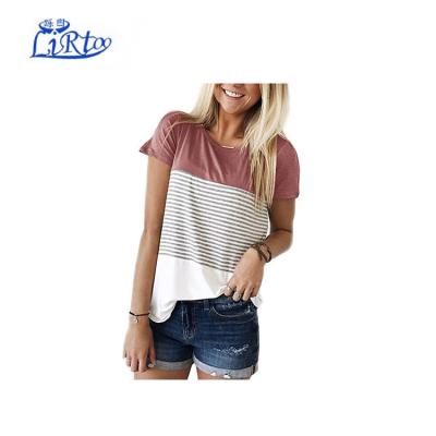 China Casual Anti-pilling Short Sleeve And Round Neck Color Block Stripe Triple T-Shirt Blouse for sale