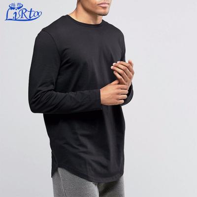 China OEM Anti-pilling Men's Aplet Long Sleeve T-shirt Fashion Black Plain Cotton Design Extra Long 100% Deep Cut T-Shirts for sale