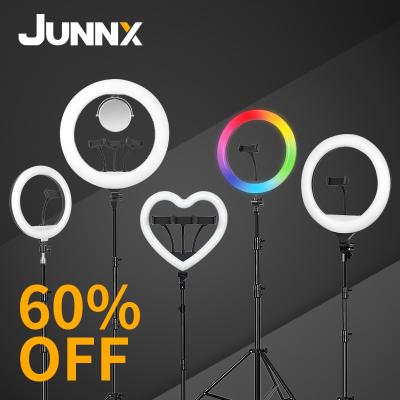 China JUNNX Heart Shaped 6inch Dimmable Phone Ring 10 12 13 14inch 16inch 18 21 22 inch Makeup Selfie Ringlight With Tripod Stand for sale