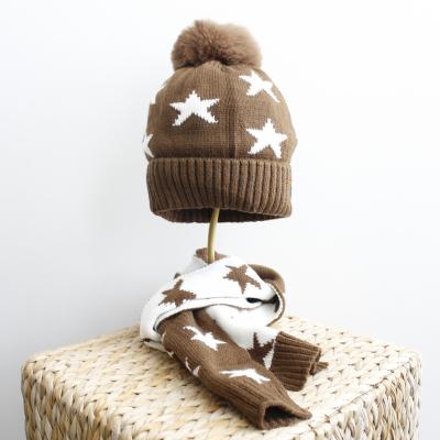 China Cheap Acrylic Winter Knitted Kid Beanie Hat Scarf Star Pattern Plush Price Kids Hat Scarf for sale