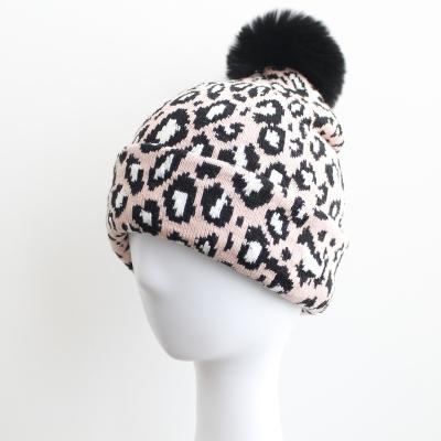 China Leopard Casual Hot Selling Design Knitted Hats Beanie Hat Fur Pompom Winter Kids Hats Kid Hats for sale