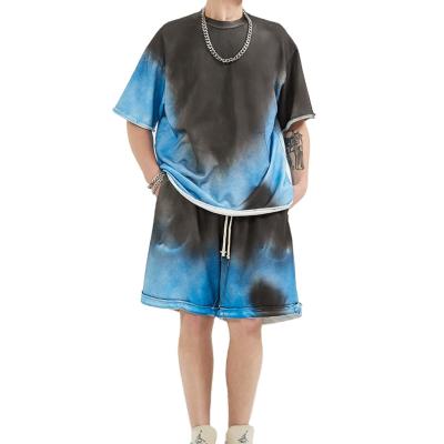 China Breathable Shorts Sets Casual Hip Hop T-Shirts Tie Dye Color Block Cotton Loose Fit Oversized Shorts Sets For Men for sale