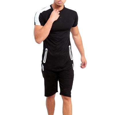 China Breathable Shorts Set Slim Fit Stripe Cotton Pocket Zipper Sweat Suit T-Shirts Shorts Sets For Men for sale