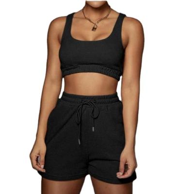 China Breathable Shorts Set Gym Summer Workout Crop Tank Top Biker Set Simple Color Cotton Shorts Sexy Two Piece Sets For Women for sale