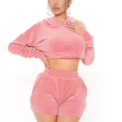 China Breathable Custom Sports Sexy Sweat Suits 2 Piece Velvet Set Fitted Oversized Cropped Hoodie Plus Size Velvet Shorts Tracksuit For Women for sale