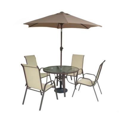 China Modern High Quality Stylish Steel Frame Rattan Chair Table Set Garden Table Dining Chair With Umbrella for sale