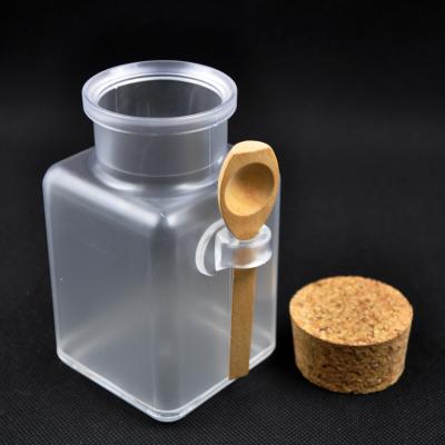 China Free Sample 100ml 200ml 300ml Square ABS Frosted Bath Salt Bottle With Wooden Lids For Body Scrubs In Stock for sale