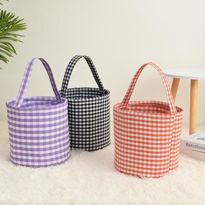 China Popular 2022 Home Festival Decoration Halloween Plaid Printing Bucket Tote Basket Canvas Material Tote Halloween Decoration Gift for sale