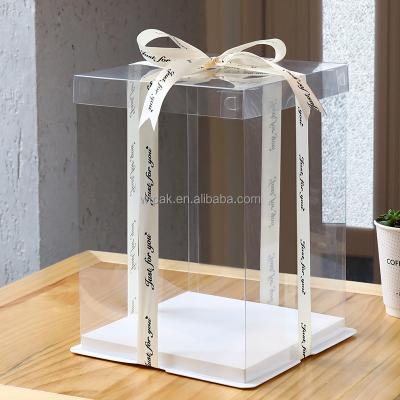 China Recyclable 3 in 1 clear cake box with cardboard and white ribbons 6/8/10/12/14inch for sale