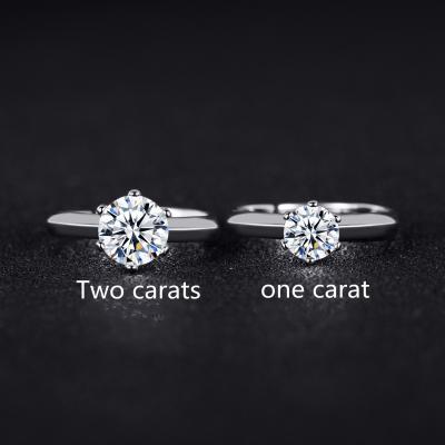 China Custom One-carat Adjustable Romantic Simulation Moissanite Hip-Hop Six-claw Diamond Ring Sterling Silver Couple Ring Female for sale