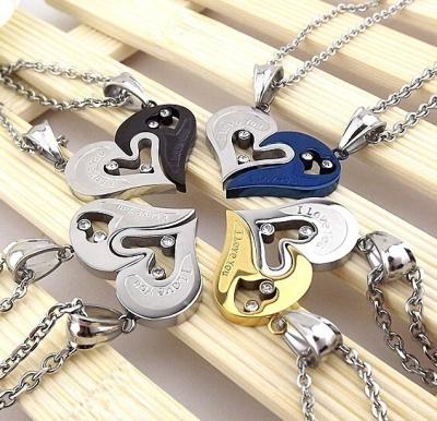 China Hot-selling European and American Hiphop Love Couple Heart-shaped Diamond Pendants Stainless Steel Jewelry Pair Necklaces for sale