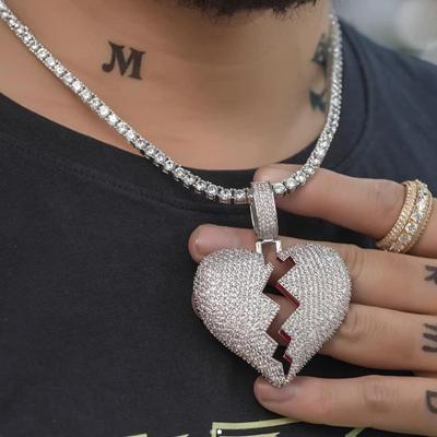 China Hot Selling Pendant Necklace Full Diamond Love Pendant Hiphop Hip Hop Trend Heartbreak Slit Men and Women Couples for sale