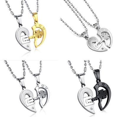 China Hiphop Couples Necklace Locks A Pair Of Heart Shaped Half Keys Pendant Necklace Mens And Womens Love Titanium Steel Necklace for sale