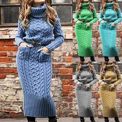 China Dropshipping Viable Fashion Knitted Women Sweater Winter Sleeve Sweater Long Collar Casual Pocket Top Ladies Sweater Dress for sale