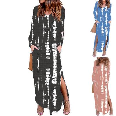 China 2022 Hot Selling Spring Anti-Static Trend Women's Round Neck Printing Bodycon Tie Maxi Sleeve Midi Skirt Casual Dresses Long Dye Dress for sale